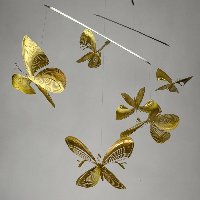 Butterfly mobile of brass, butterfly art, 4 or 6 piece kinetic sculpture, 3D geometric animal image 4