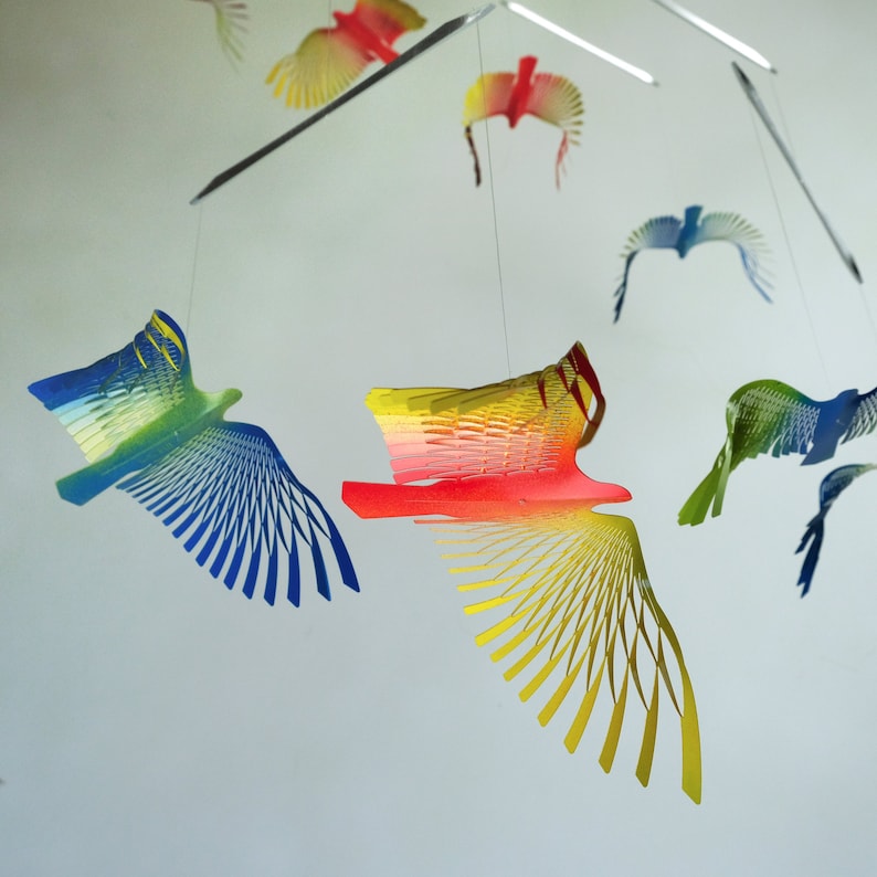 Large Colorful Bird Mobile, 8 Bird Kinetic Sculpture, Flock of Birds Metal Hanger, Metal Decor Adornment image 2