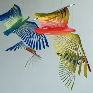 Large Colorful Bird Mobile, 8 Bird Kinetic Sculpture, Flock of Birds Metal Hanger, Metal Decor Adornment image 5