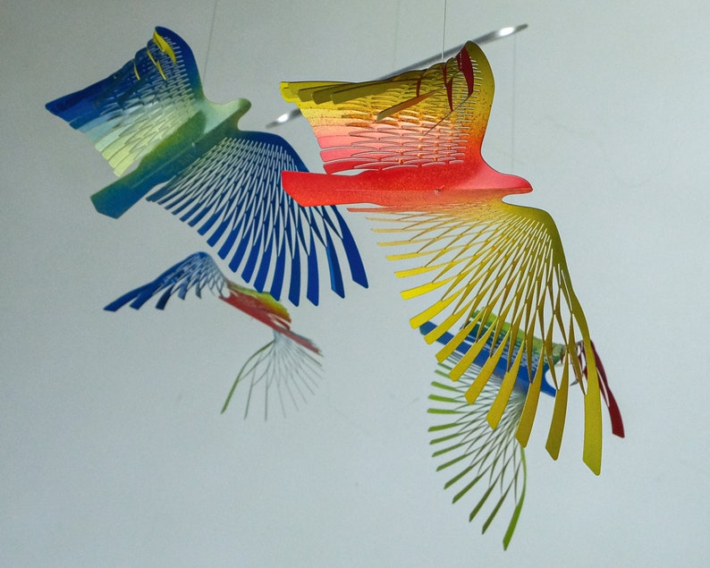 Large Colorful Bird Mobile, 8 Bird Kinetic Sculpture, Flock of Birds Metal Hanger, Metal Decor Adornment image 5