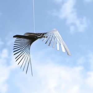 Large bird in flight of stainless steel, kinetic sculpture for bird lover gift, Hanging silver bird image 4