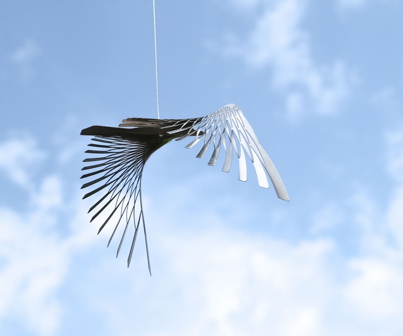 Large bird in flight of stainless steel, kinetic sculpture for bird lover gift, Hanging silver bird image 4