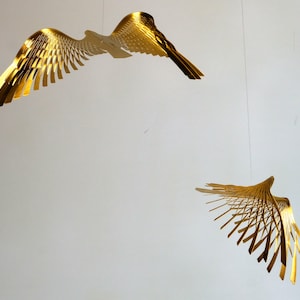 golden bird mobile,4 or 5 piece bird in flight brass mobile, kinetic metal art sculpture,Mobile Sculpture art. image 8