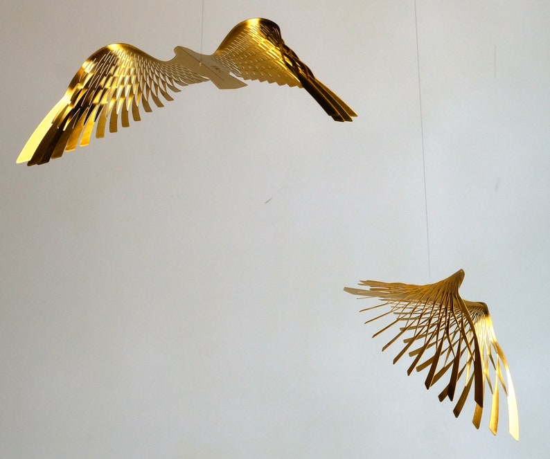 golden bird mobile,4 or 5 piece bird in flight brass mobile, kinetic metal art sculpture,Mobile Sculpture art. image 8