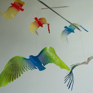 Large Colorful Bird Mobile, 8 Bird Kinetic Sculpture, Flock of Birds Metal Hanger, Metal Decor Adornment image 6