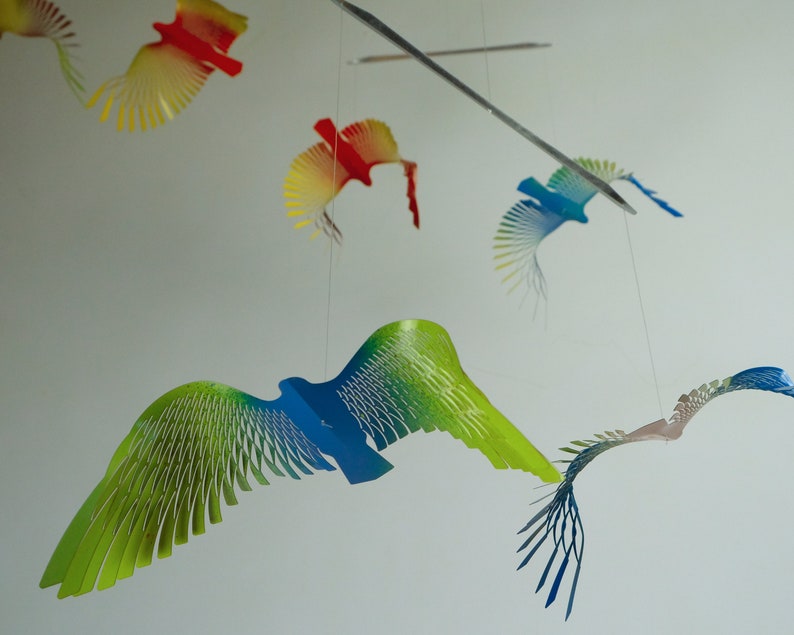 Large Colorful Bird Mobile, 8 Bird Kinetic Sculpture, Flock of Birds Metal Hanger, Metal Decor Adornment image 6