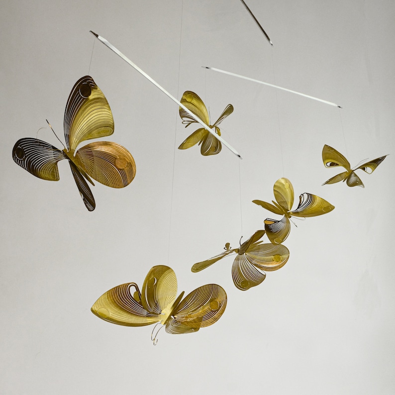 Butterfly mobile of brass, butterfly art, 4 or 6 piece kinetic sculpture, 3D geometric animal image 1