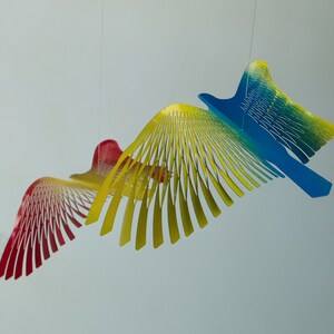 Large Colorful Bird Mobile, 8 Bird Kinetic Sculpture, Flock of Birds Metal Hanger, Metal Decor Adornment image 9