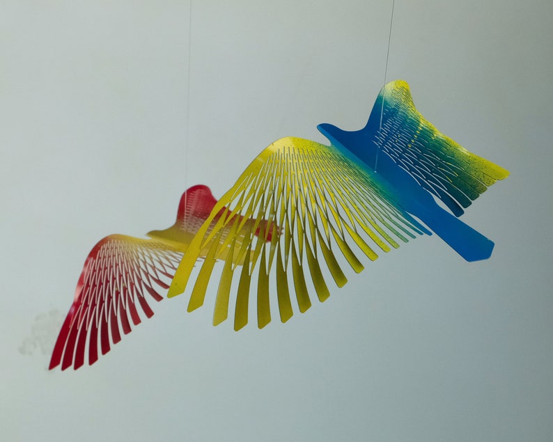 Large Colorful Bird Mobile, 8 Bird Kinetic Sculpture, Flock of Birds Metal Hanger, Metal Decor Adornment image 9
