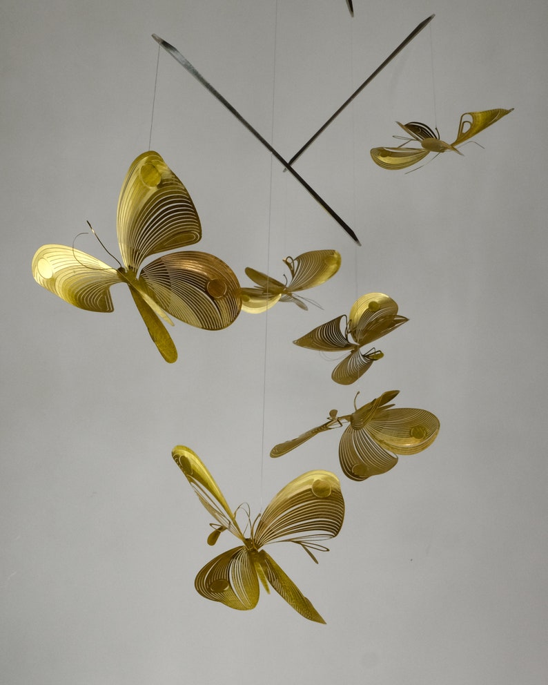 Butterfly mobile of brass, butterfly art, 4 or 6 piece kinetic sculpture, 3D geometric animal image 2