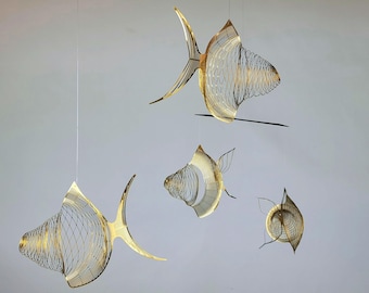Kinetic Brass Fish Mobile, Minimalist Wire Art School, Ocean Home Décor