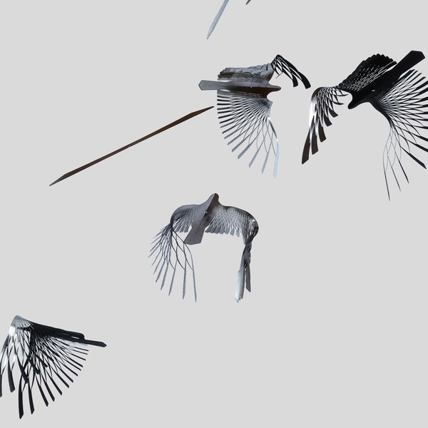 Mobile Kunst Vogel schwarz und silber, 4 Stück kinetische Kunst fliegende Vögel, minimalistisches Dekor, Einweihungsparty Geschenk, Origami Kunst, Inspirierendes Geschenk