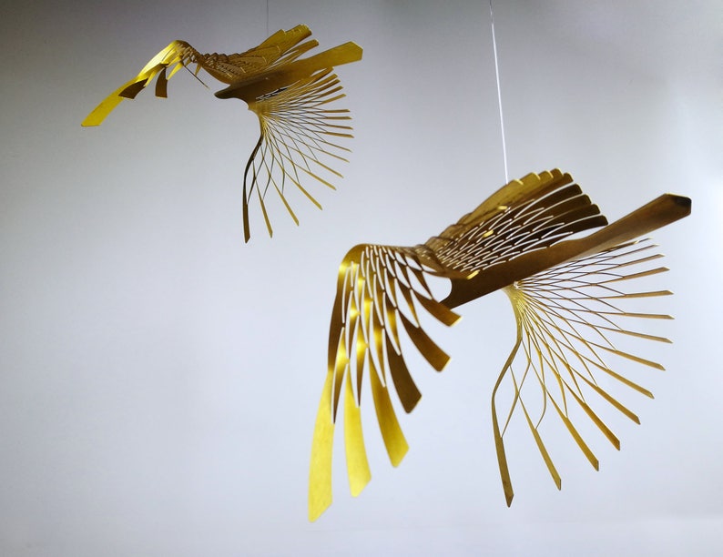 golden bird mobile,4 or 5 piece bird in flight brass mobile, kinetic metal art sculpture,Mobile Sculpture art. image 5