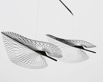 2 part leaf mobile from polished stainless steel, skeleton leaf kinetic art, Wire art, Hanging mobile office decor