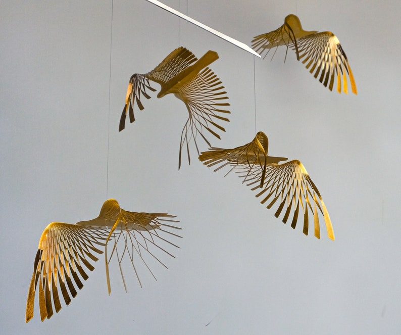 golden bird mobile,4 or 5 piece bird in flight brass mobile, kinetic metal art sculpture,Mobile Sculpture art. image 1