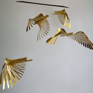 golden bird mobile,4 or 5 piece bird in flight brass mobile, kinetic metal art sculpture,Mobile Sculpture art. image 3