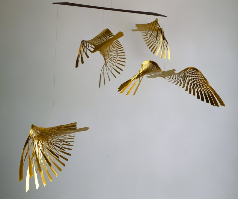 golden bird mobile,4 or 5 piece bird in flight brass mobile, kinetic metal art sculpture,Mobile Sculpture art. image 3