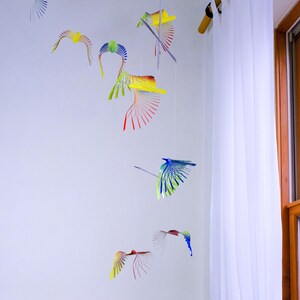 Large Colorful Bird Mobile, 8 Bird Kinetic Sculpture, Flock of Birds Metal Hanger, Metal Decor Adornment image 4