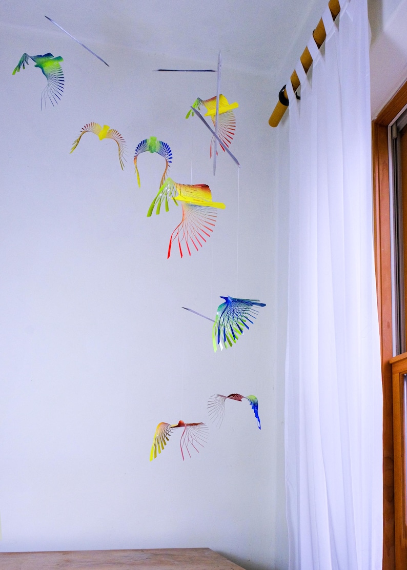 Large Colorful Bird Mobile, 8 Bird Kinetic Sculpture, Flock of Birds Metal Hanger, Metal Decor Adornment image 4