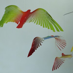 Large Colorful Bird Mobile, 8 Bird Kinetic Sculpture, Flock of Birds Metal Hanger, Metal Decor Adornment image 8