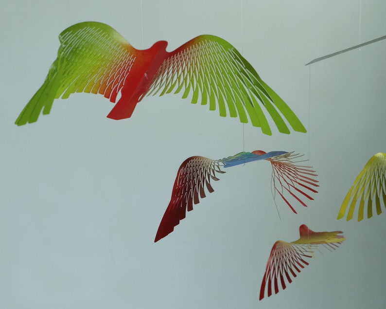 Large Colorful Bird Mobile, 8 Bird Kinetic Sculpture, Flock of Birds Metal Hanger, Metal Decor Adornment image 8