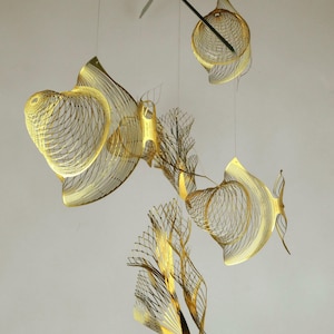 Fish and Coral Mobile, Brass Coastal Artwork, Nautical Metal Mobile Art,  Kinetic Ornaments Fish Figurine , ocean lovers gift, Sculpture
