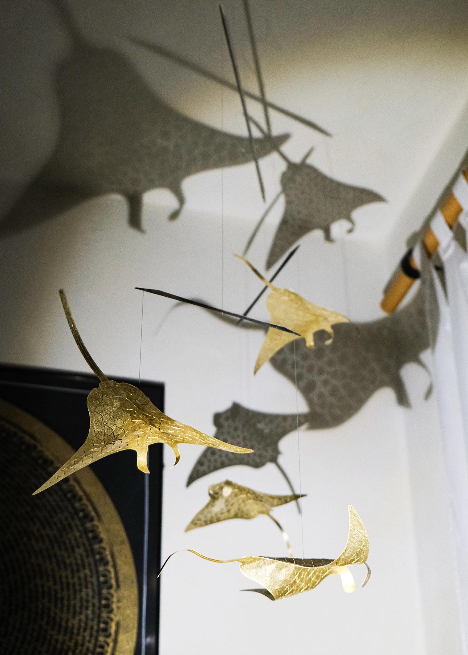 Handcrafted Brass Manta Ray Kinetic Metal Mobile, Ocean Art