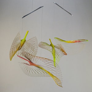 color leaves kinetic sculpture , 4 or 6 piece Skeleton leaves Hanging Mobile, Modern mobile art, by ExpandLifeMetalArt