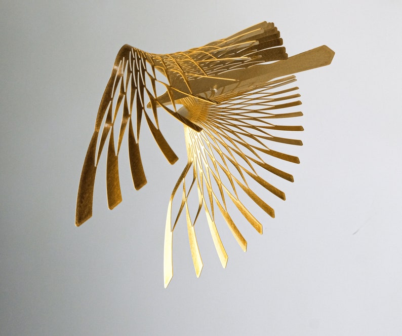 golden bird mobile,4 or 5 piece bird in flight brass mobile, kinetic metal art sculpture,Mobile Sculpture art. image 9