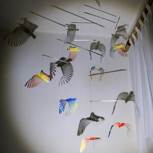 Large Colorful Bird Mobile, 8 Bird Kinetic Sculpture, Flock of Birds Metal Hanger, Metal Decor Adornment image 7