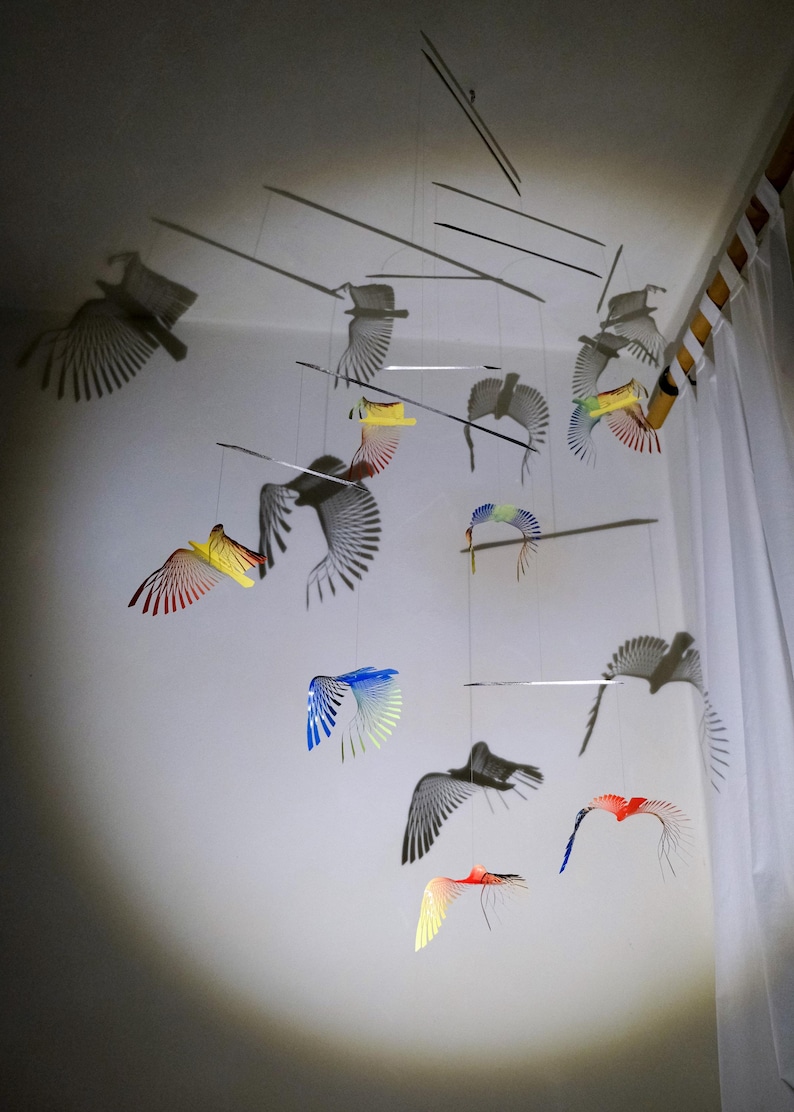 Large Colorful Bird Mobile, 8 Bird Kinetic Sculpture, Flock of Birds Metal Hanger, Metal Decor Adornment image 7
