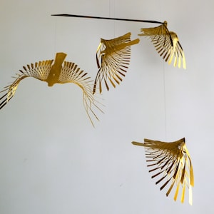 golden bird mobile,4 or 5 piece bird in flight brass mobile, kinetic metal art sculpture,Mobile Sculpture art. image 2