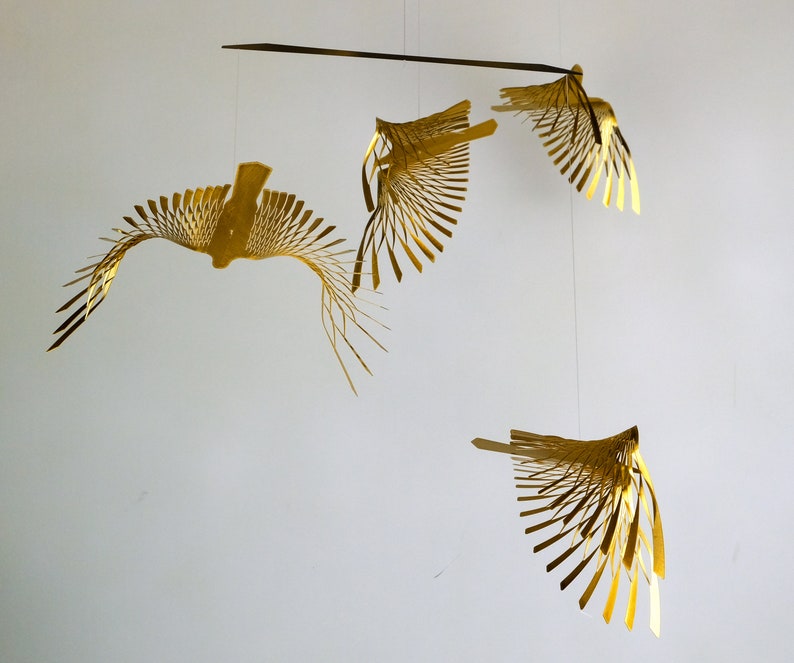 golden bird mobile,4 or 5 piece bird in flight brass mobile, kinetic metal art sculpture,Mobile Sculpture art. image 2