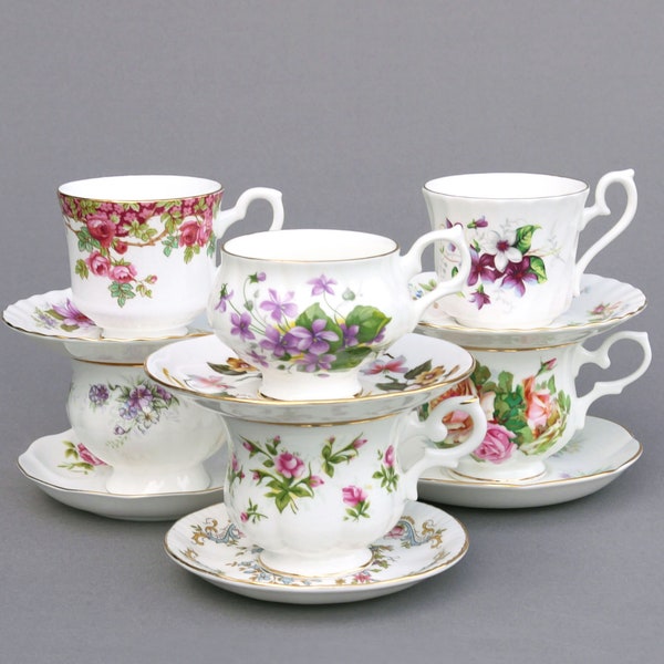 Dear English cups and saucers mismatched, vintage set of 6 mismatched sets with flowers and gold edges, Royal Albert tea party