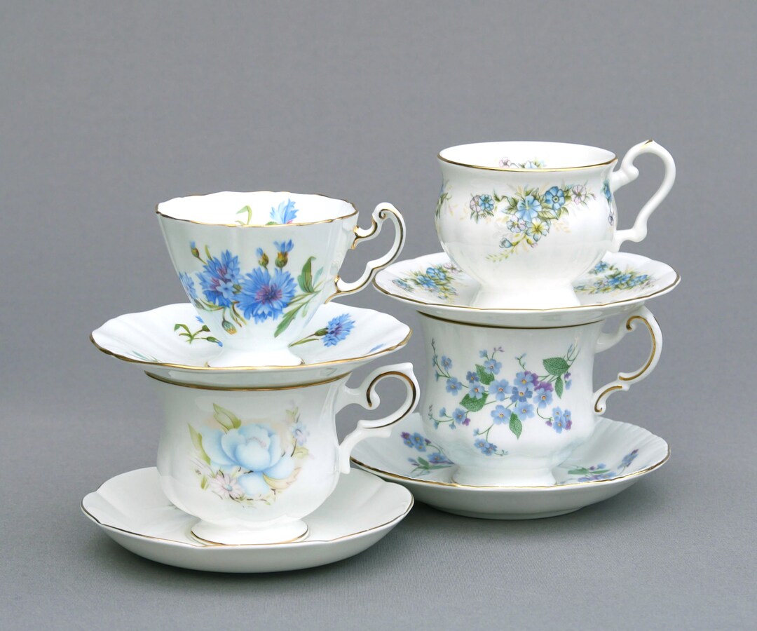 Mismatched Blue English Cups and Saucers Set of 4 Vintage Etsy