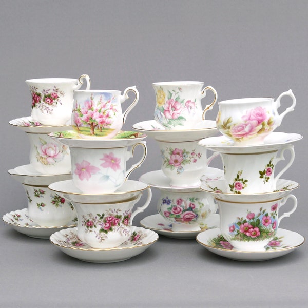 Ensemble de 12 tasses et soucoupes dépareillées fleurs roses, service à thé vintage romantique Royal Albert pour baby shower, vaisselle Alice au Pays des Merveilles