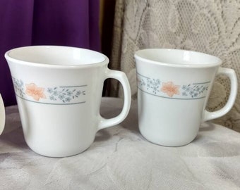 Apricot Grove Corelle Coffee Cups Set Of 2 Vintage Corelle By Corning Peach Flower And Gray Mugs Milk Glass Dinnerware Retro Kitchen Orange