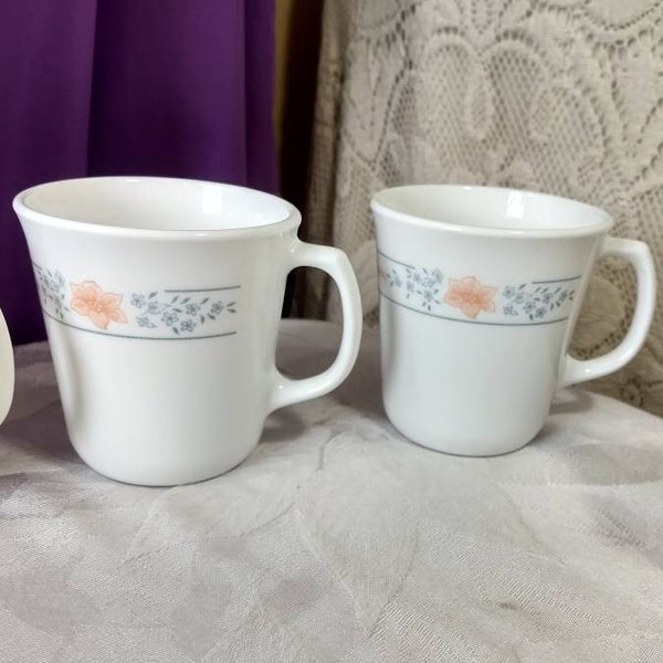 Apricot Grove Corelle Coffee Cups Set Of 2 Vintage Corelle By Corning Peach Flower And Gray Mugs Milk Glass Dinnerware Retro Kitchen Orange