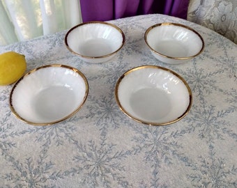 Fire King Golden Anniversary Suburbia Swirl Berry Bowls Set Of 4 Milk Glass Brushed Gold Trim Mid Century Replacement Small Dessert Dishes