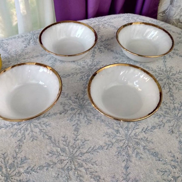 Fire King Golden Anniversary Suburbia Swirl Berry Bowls Set Of 4 Milk Glass Brushed Gold Trim Mid Century Replacement Small Dessert Dishes