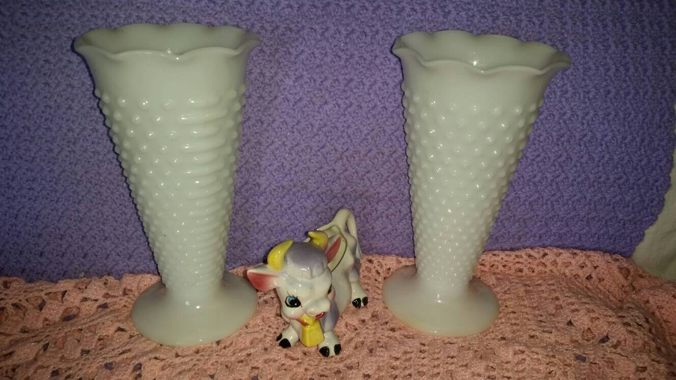 Large Hobnail Milk Glass Vase Vintage Trumpeted White Tall Etsy