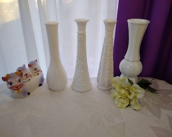 Milk Glass Tall Bud Vase Grouping of 4 Varied 9 Inch Single Flower Vase Collection Wedding Country Cottage Decor