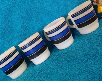 Vintage Milk Glass Mugs, Fire King Anchor Hocking Blue And Black Band Super Band Mugs, Stackable, Set Of 4 Gift For Him Retro Drinkware