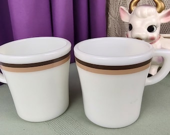 Pyrex Brown Tan Pin Stripe Mugs Style  Set Of 2 Vintage Double Tough Opal Milk Glass Coffee Cups