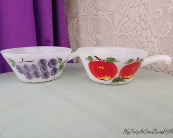 Gay Fad Grape Apple Handled Milk Glass Bowls Fire King  Mid Century Anchor Hocking Rare Patterns