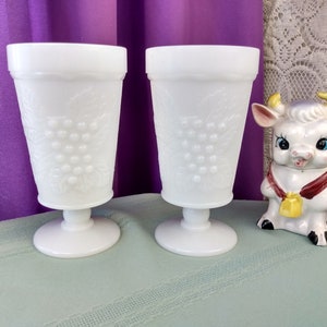 Anchor Hocking Milk Glass Embossed Grape Leaves Goblets Water Wine Stemmed Footed Set of 2 Replacement Shabby Chic Collectible Votives