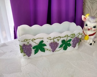 Fire King Milk Glass Rectangle Planter Mid Century Embossed Grapes And Leaves Window Sill