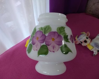 Vintage Milk Glass Ceiling Light Shade Hand Painted Lavender Flowers  1930's 1940's 4 1/4 Inch Fitter RARE