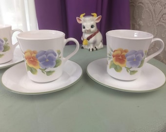 Vintage Corelle Dinnerware, Summer Blush Cups And Saucers  ~ Set of 2 ~ Pansy Milk Glass Coffee Mugs Orange, Violet Flowers