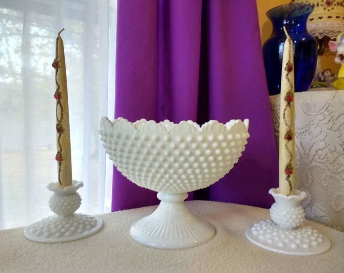 Fenton Milk Glass Hobnail Candlesticks With Centerpiece Bowl Compote Etsy